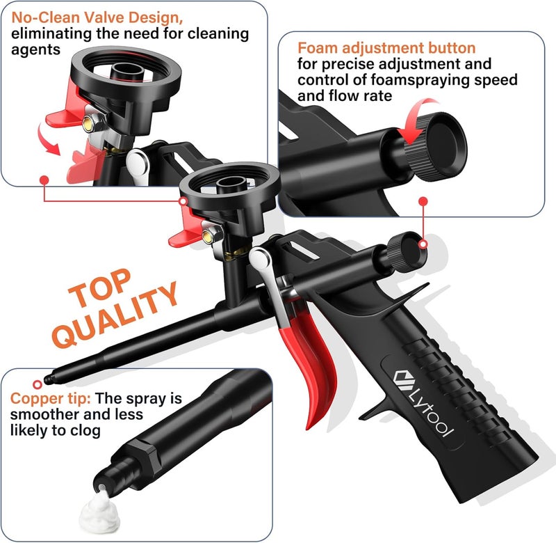 Lytool 2pcs Spray Foam Gun Kit with 12.6" Extension Rods and 15.7" Cleaning Brushes Copper Nozzle PTFE Coated Barrel Adjustable Caulking Gun for Insulation and Sealing Compatible with PU Foam Cans - Image 3